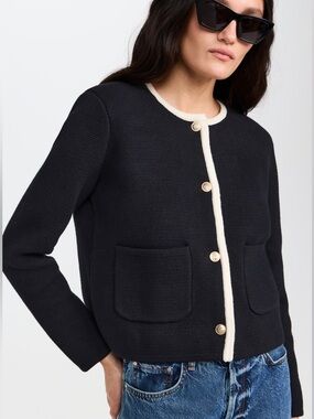 Alex Mill Paris Sweater jacket Black Cream Trim womens small cashmere cotton
